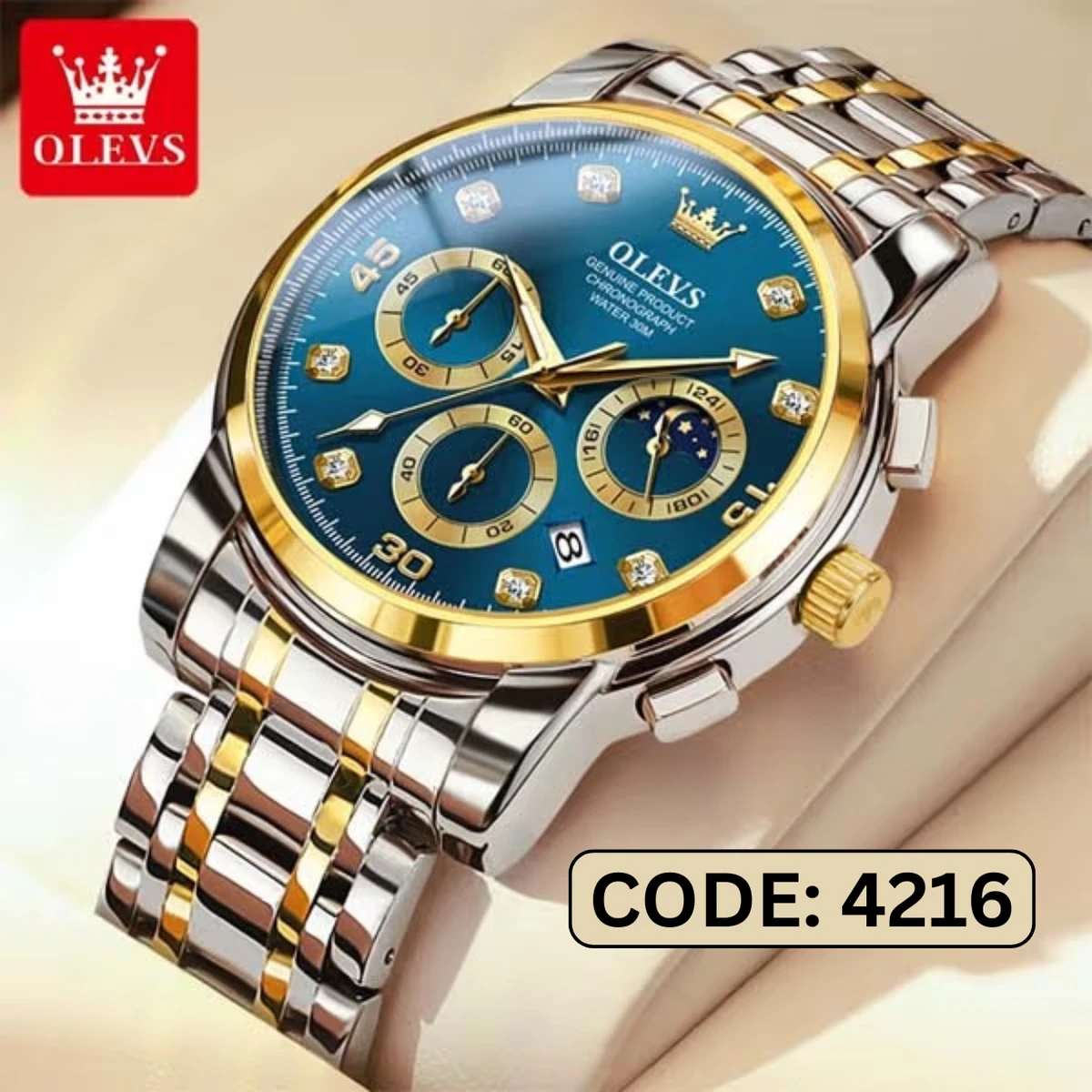 OLEVS MODEL 2889 Watch for Men Stainless Steel Watches - 2889 TOTON AR DIAL BLUE ROUND GOLDEN - MAN WATCH + এক পিস ব্যাটারি ফ্রি।