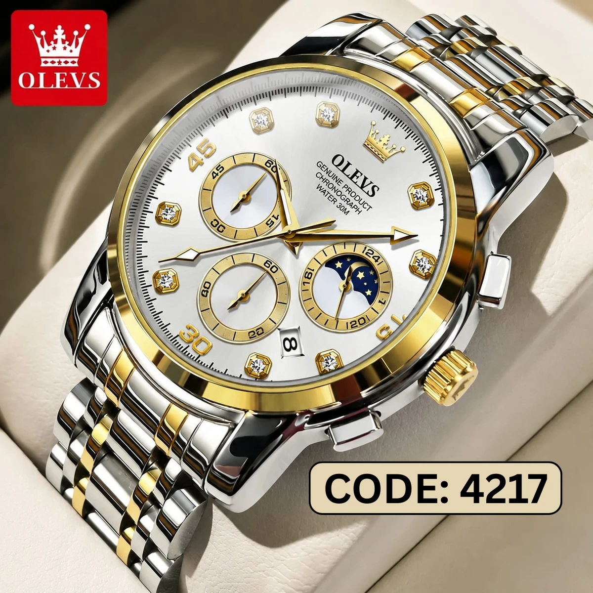 OLEVS MODEL 2889 Watch for Men Stainless Steel Watches - 2889 TOTON AR DIAL WHITE ROUND GOLDEN - MAN WATCH + এক পিস ব্যাটারি ফ্রি।