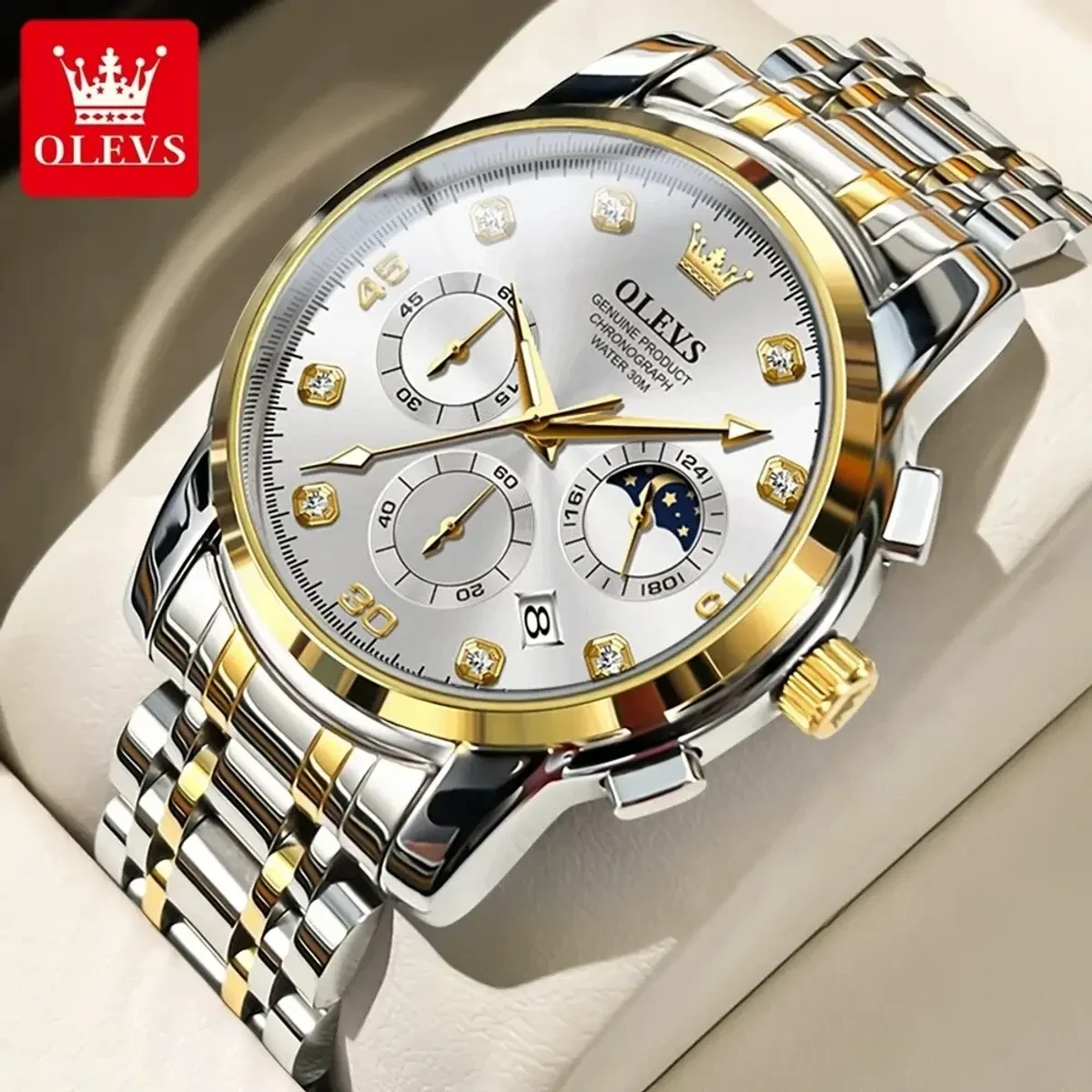OLEVS MODEL 2889 Watch for Men Stainless Steel Watches - 2889 TOTON AR DIAL WHITE ROUND GOLDEN - MAN WATCH + এক পিস ব্যাটারি ফ্রি।