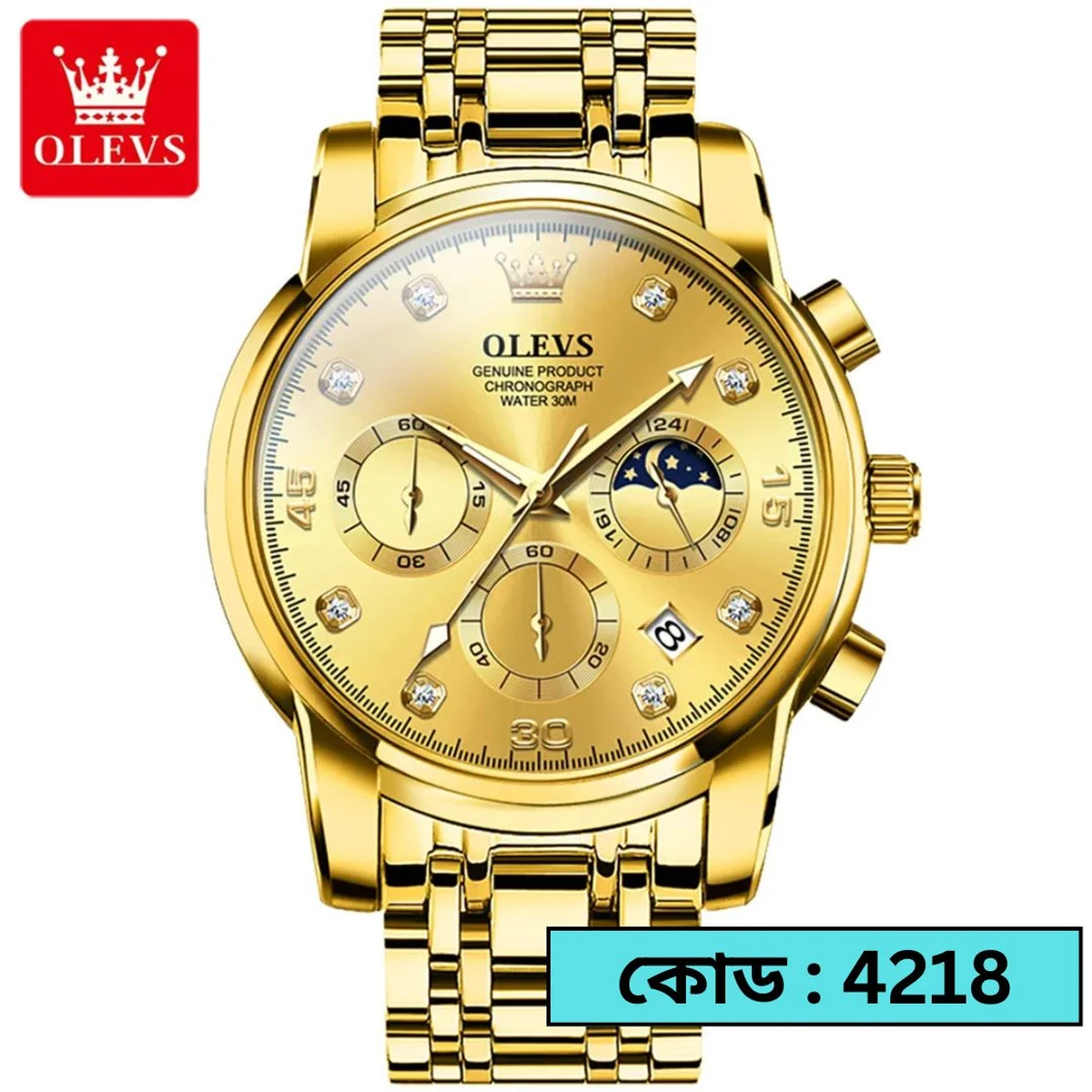 OLEVS MODEL 2889 Watch for Men Stainless Steel Watches - 2889 FULL GOLDEN COLOUR WATCH  MAN  + এক পিস ব্যাটারি ফ্রি।
