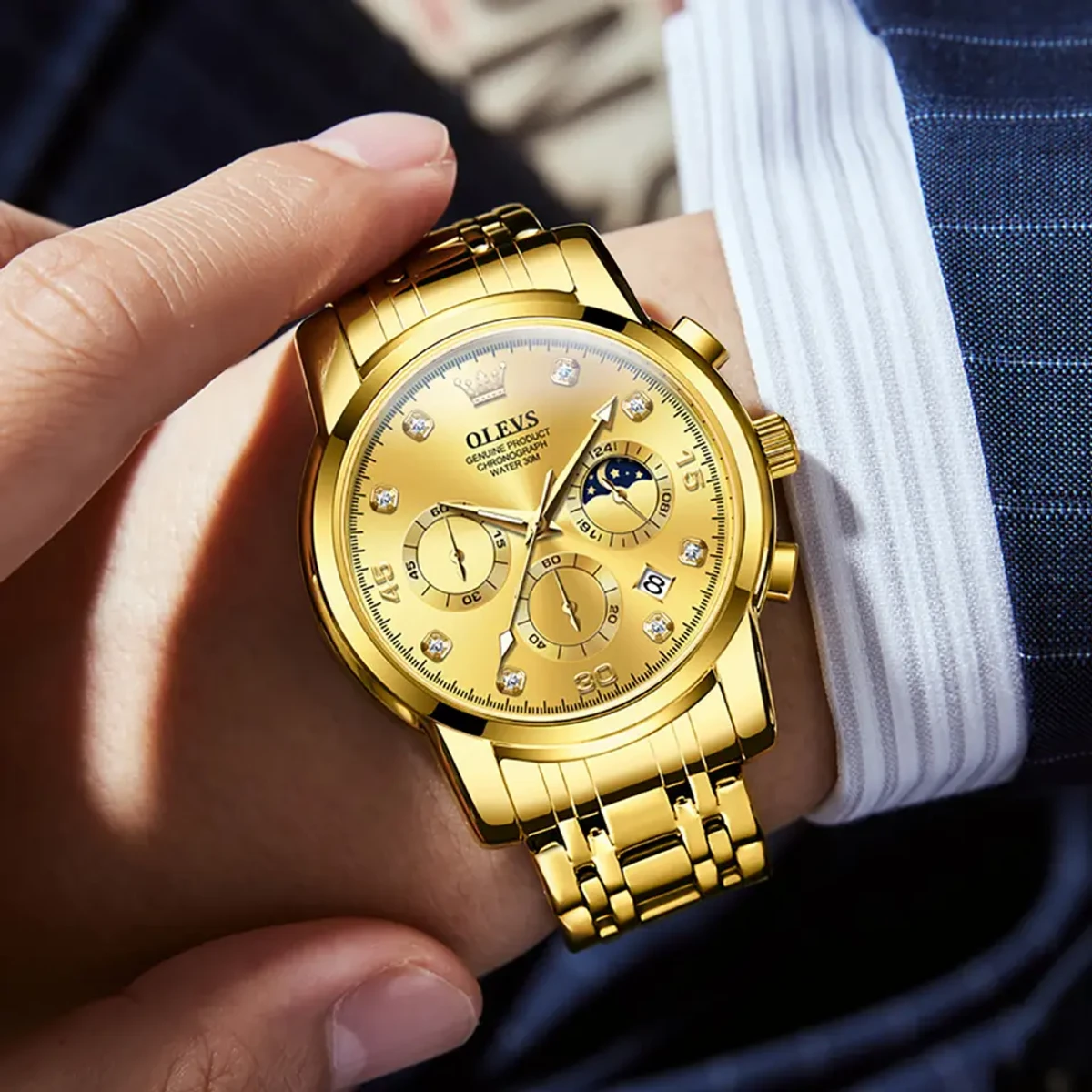 OLEVS MODEL 2889 Watch for Men Stainless Steel Watches - 2889 FULL GOLDEN COLOUR WATCH MAN + এক পিস ব্যাটারি ফ্রি।