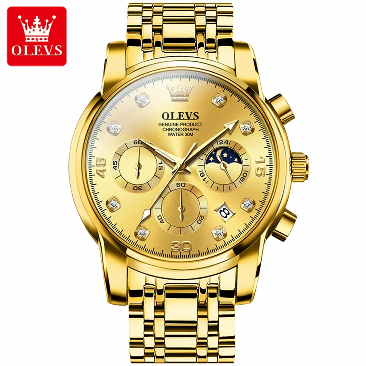 OLEVS MODEL 2889 Watch for Men Stainless Steel Watches - 2889 FULL GOLDEN COLOUR WATCH MAN + এক পিস ব্যাটারি ফ্রি।