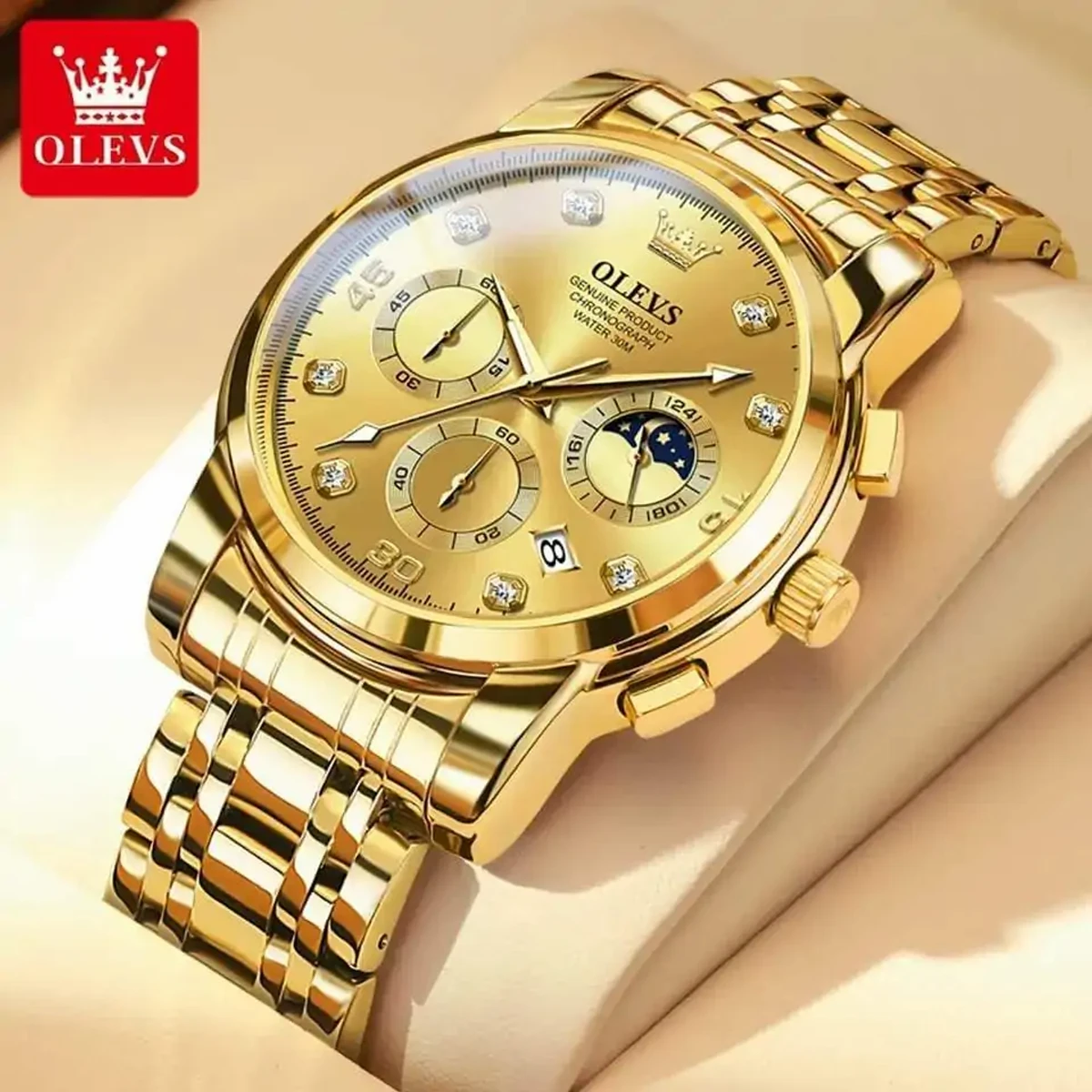 OLEVS MODEL 2889 Watch for Men Stainless Steel Watches - 2889 FULL GOLDEN COLOUR WATCH MAN + এক পিস ব্যাটারি ফ্রি।