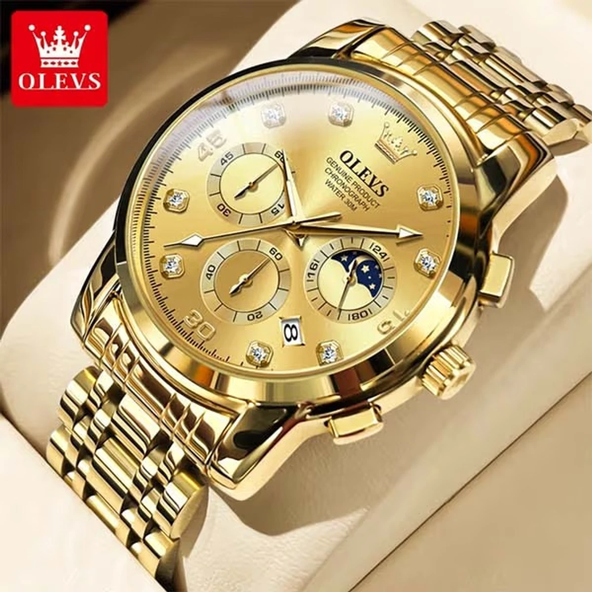 OLEVS WATCH  MODEL  2889 FULL GOLDEN COLOUR FOR MAN  + এক পিস ব্যাটারি ফ্রি।