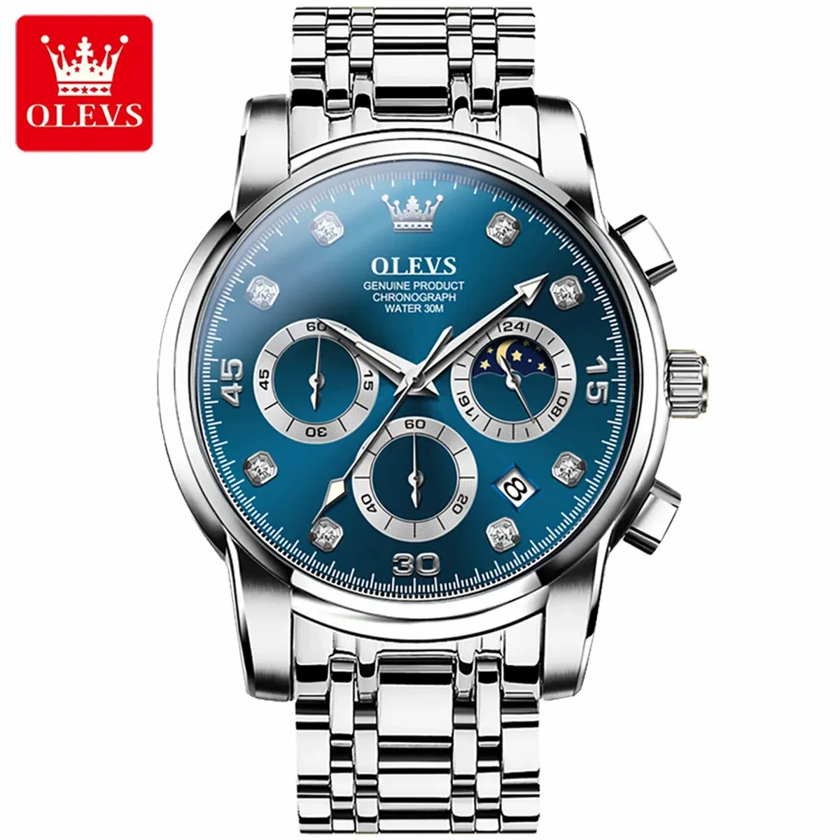 OLEVS MODEL 2889 Watch for Men Stainless Steel Watches - 2889 Silver chain Dial Blue COLOUR - MAN WATCH + এক পিস ব্যাটারি ফ্রি।
