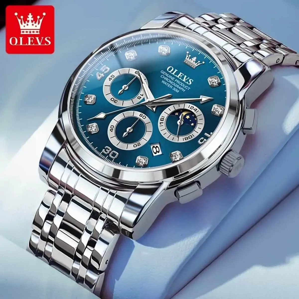 OLEVS MODEL 2889 Watch for Men Stainless Steel Watches - 2889 Silver chain Dial Blue COLOUR - MAN WATCH + এক পিস ব্যাটারি ফ্রি।