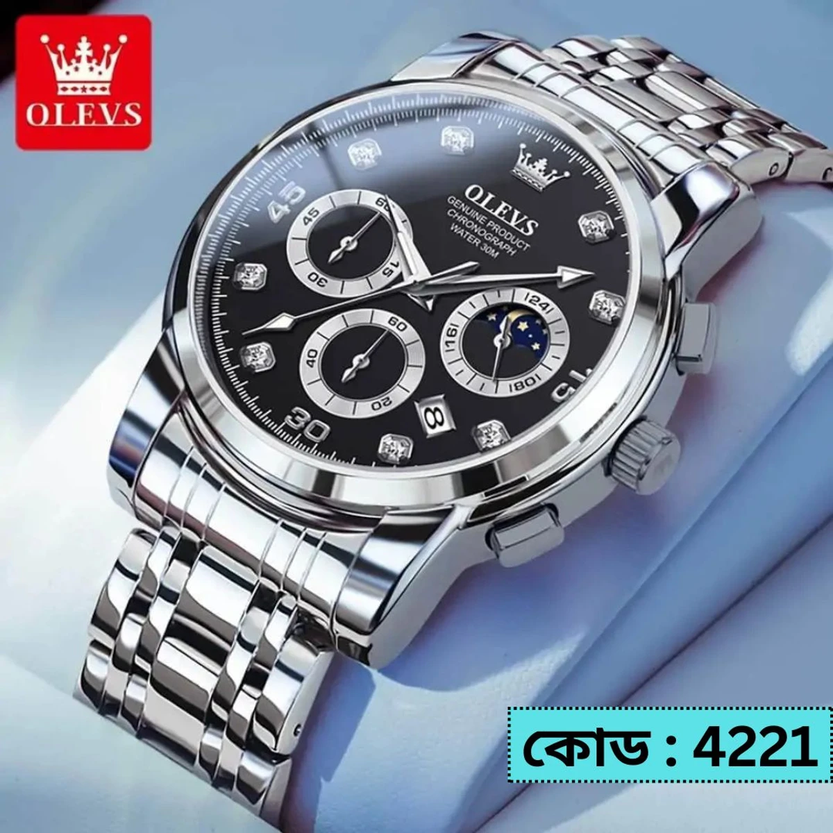 OLEVS MODEL 2889 Watch for Men Stainless Steel Watches - 2889 Silver chain Dial BLACK COLOUR - MAN WATCH + এক পিস ব্যাটারি ফ্রি।