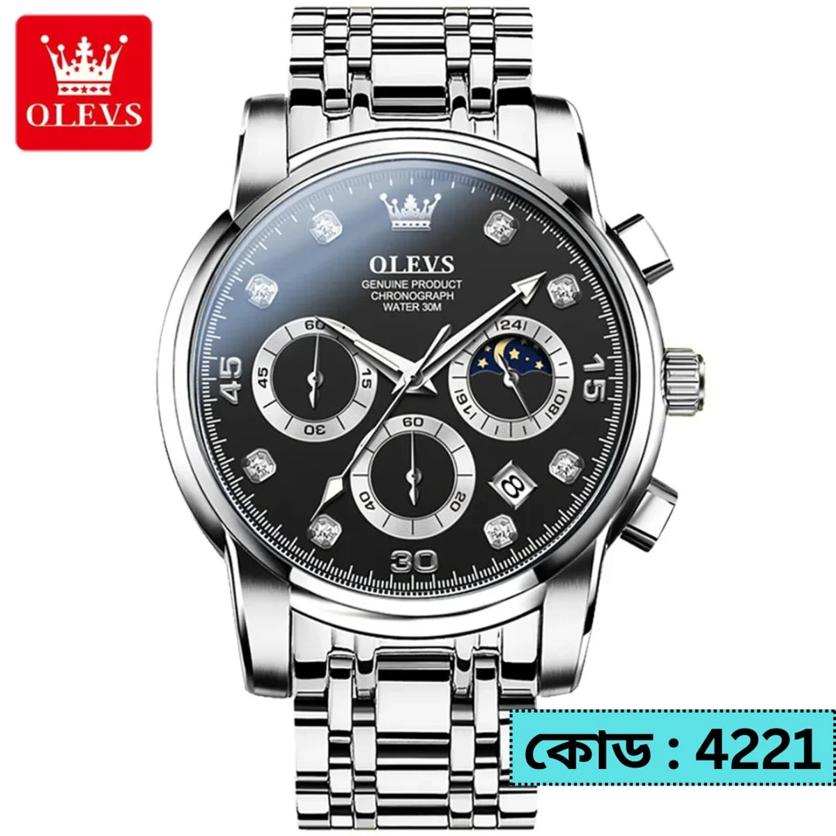 OLEVS MODEL 2889 Watch for Men Stainless Steel Watches - 2889 Silver chain Dial BLACK COLOUR - MAN WATCH + এক পিস ব্যাটারি ফ্রি।
