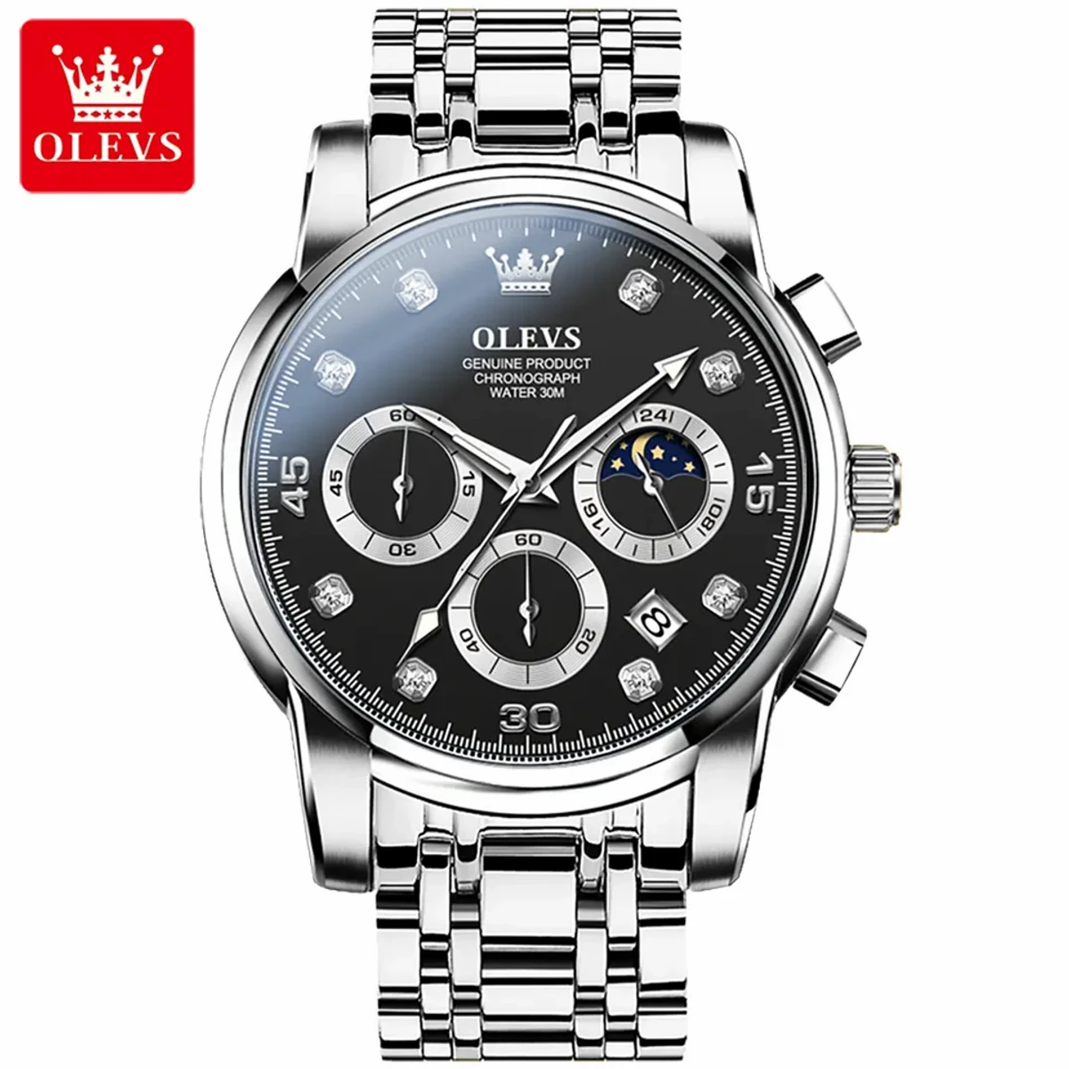OLEVS MODEL 2889 Watch for Men Stainless Steel Watches - 2889 Silver chain Dial BLACK COLOUR - MAN WATCH + এক পিস ব্যাটারি ফ্রি।