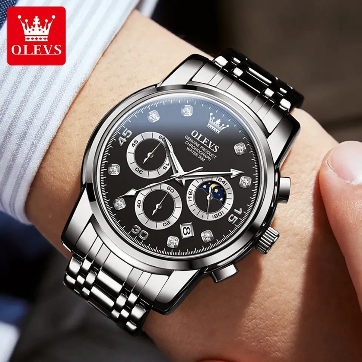 OLEVS MODEL 2889 Watch for Men Stainless Steel Watches - 2889 Silver chain Dial BLACK COLOUR - MAN WATCH + এক পিস ব্যাটারি ফ্রি।