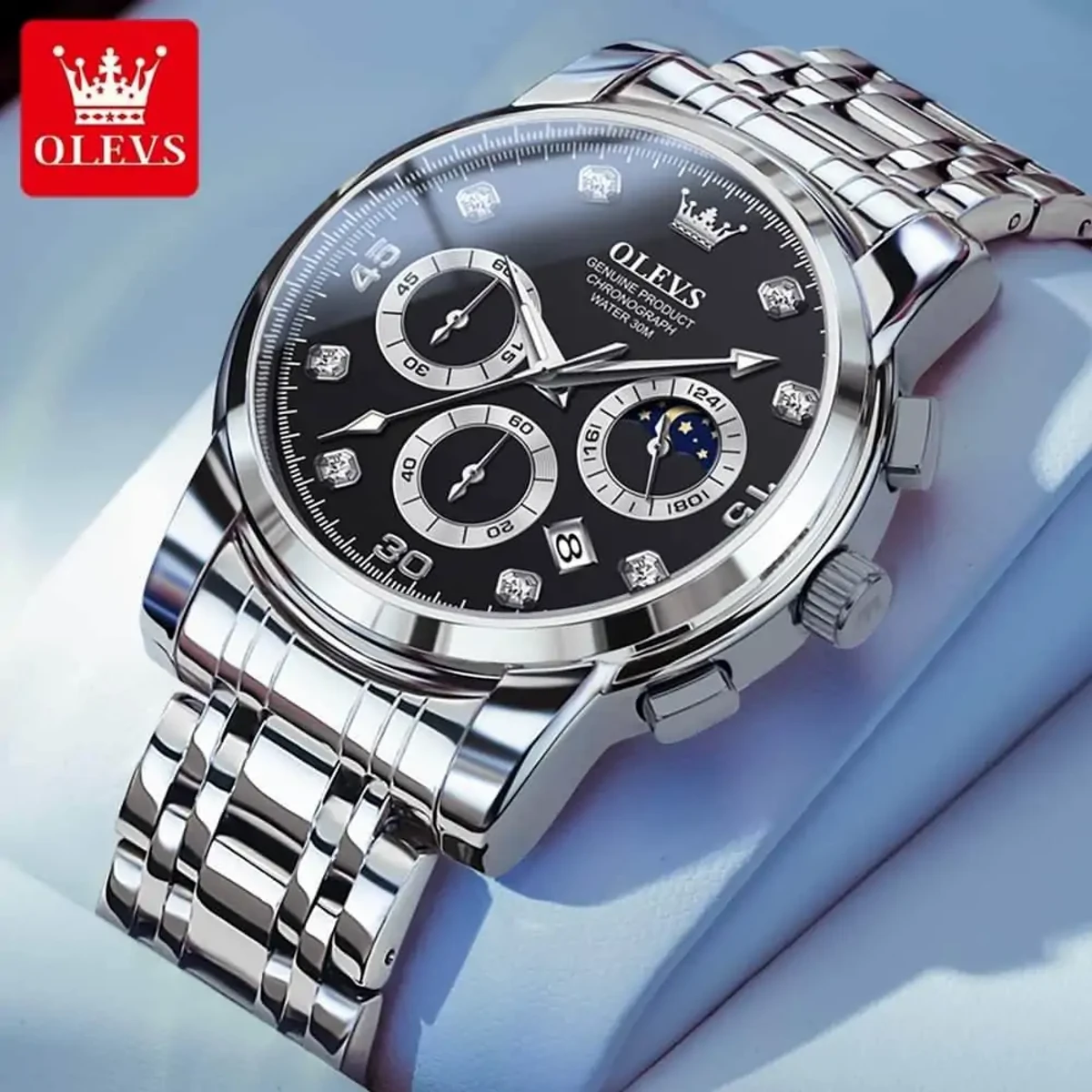 OLEVS MODEL 2889 Watch for Men Stainless Steel Watches - 2889 Silver chain Dial BLACK COLOUR - MAN WATCH + এক পিস ব্যাটারি ফ্রি।
