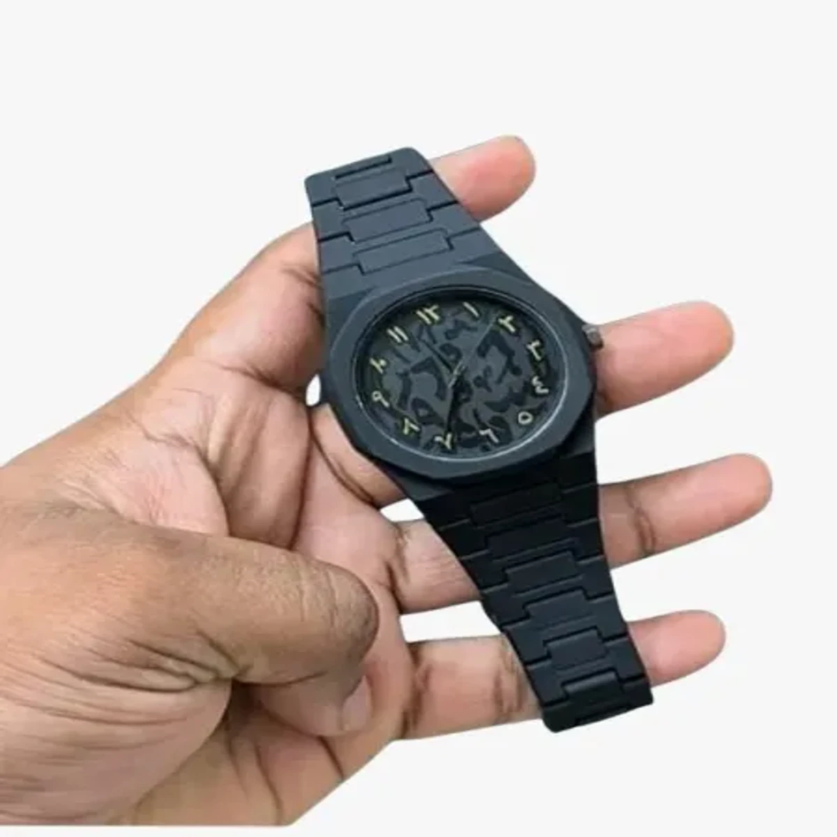 Arabic Watch Full Black Colour Dial Stone Yellow Arabic Plastic Carbon Fiber body Watch এক পিস ব্যাটারি ফ্রি