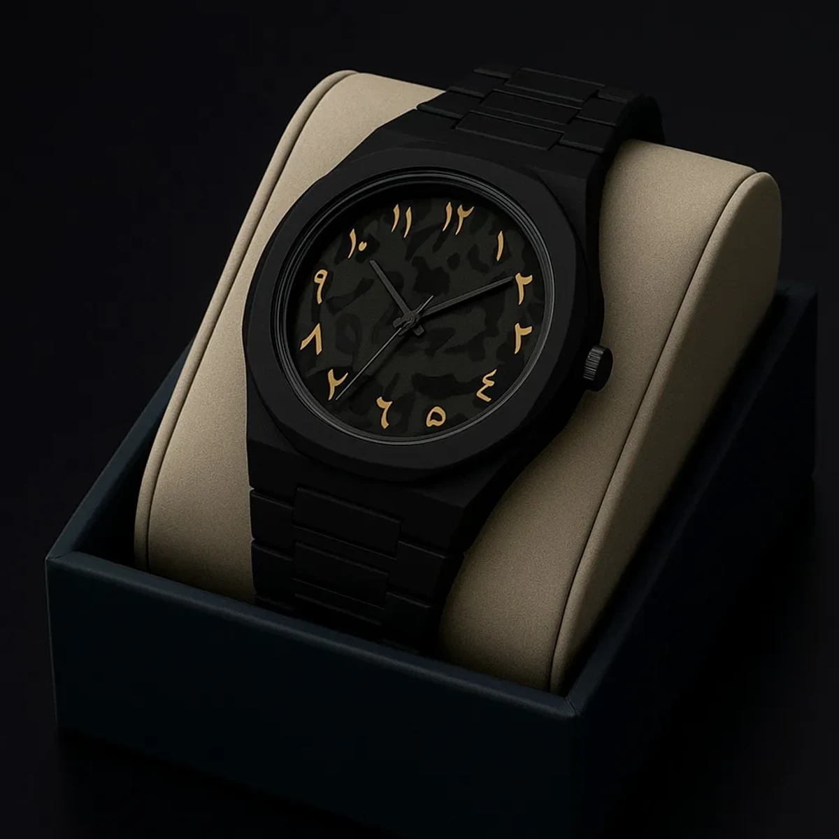 Arabic Watch Full Black Colour Dial Stone Yellow Arabic Plastic Carbon Fiber body Watch এক পিস ব্যাটারি ফ্রি