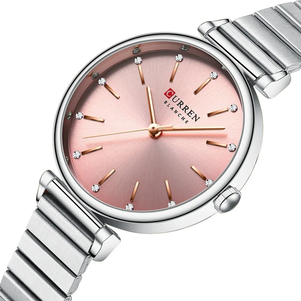 Curren Women Watch  Model 9081 Silver Chain Dial Pink Colour  Watch For Ladis