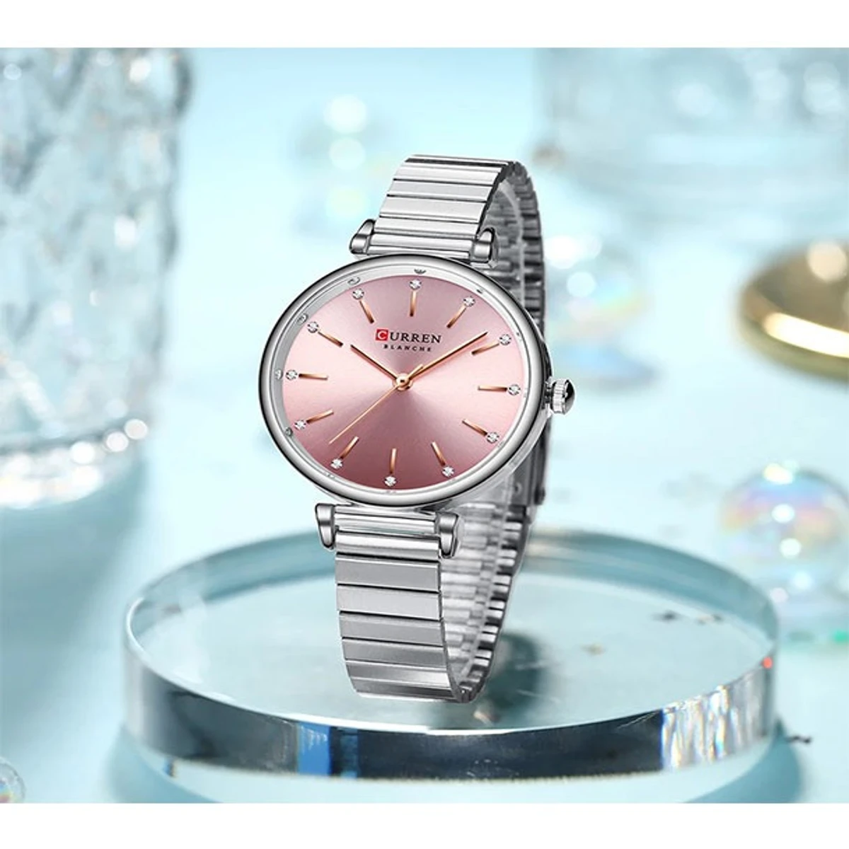 Curren Women Watch Model 9081 Silver Chain Dial Pink Colour Watch For Ladis