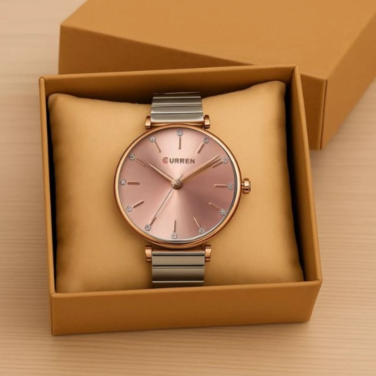 Curren Women Watch  Model 9081 Silver Chain Dial Pink Colour  Watch For Ladis