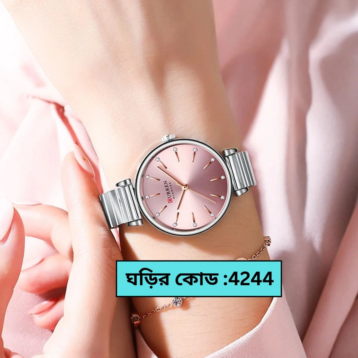 Curren Women Watch  Model 9081 Silver Chain Dial Pink Colour  Watch For Ladis