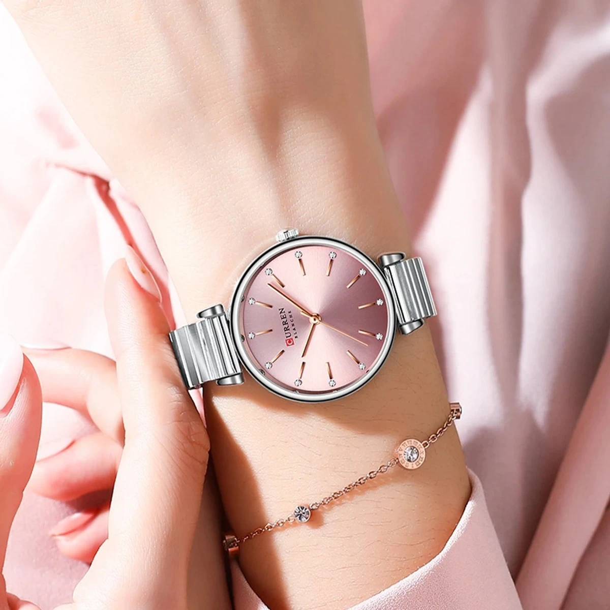 Curren Women Watch Model 9081 Silver Chain Dial Pink Colour Watch For Ladis