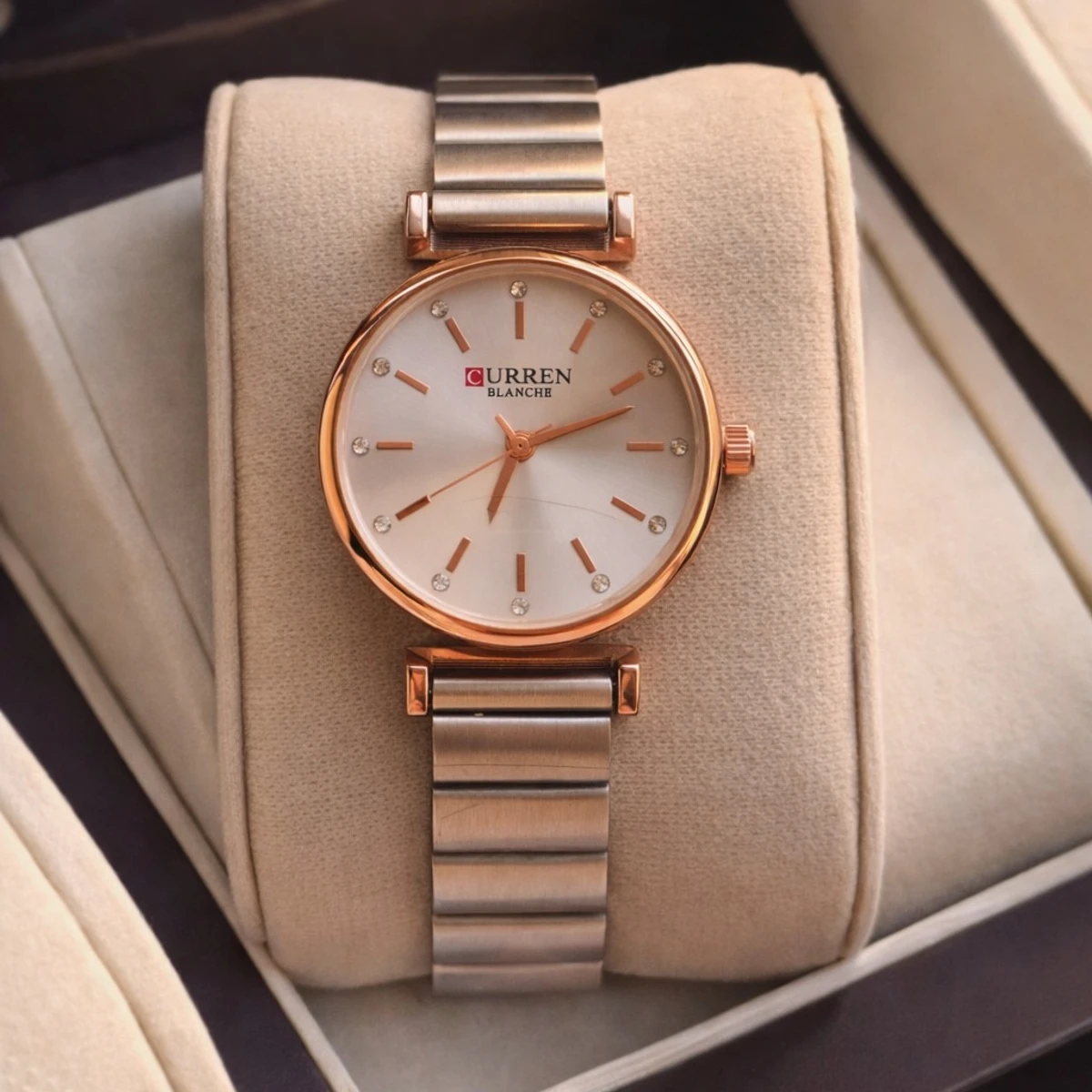 Curren Women Watch Model 9081 Silver Chain Round Rose Golden Dial White Colour Watch For Ladis