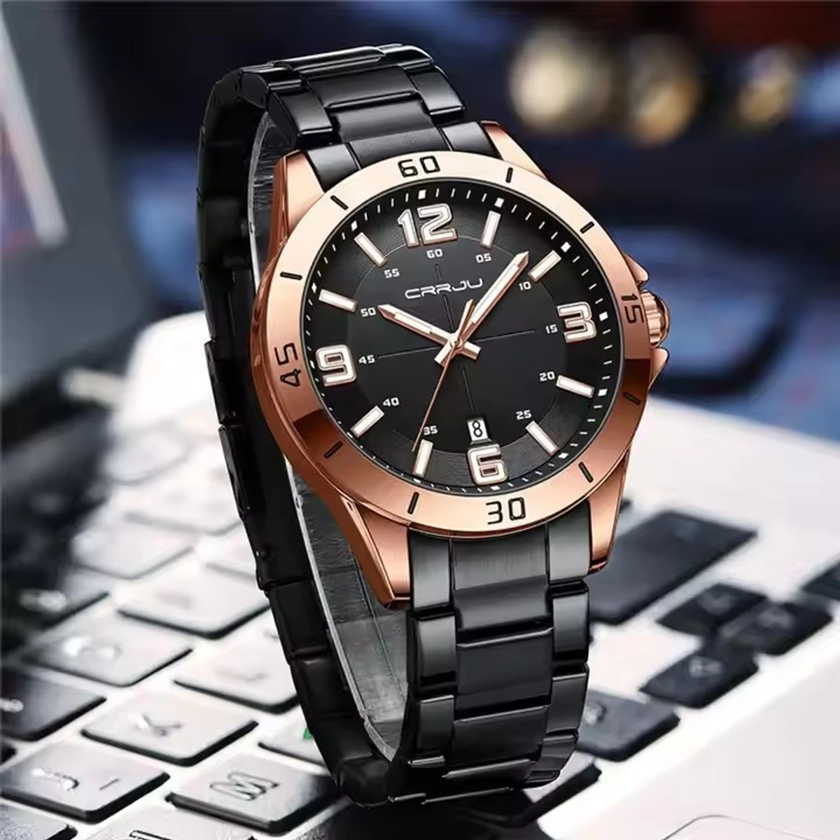 CRRJU MODEL 5003 Man’s Premium Quality Watch Chain Black Round Rose Golden Dial Black Colour Man Watch date shoho + এক পিস ব্যাটারি ফ্রি।