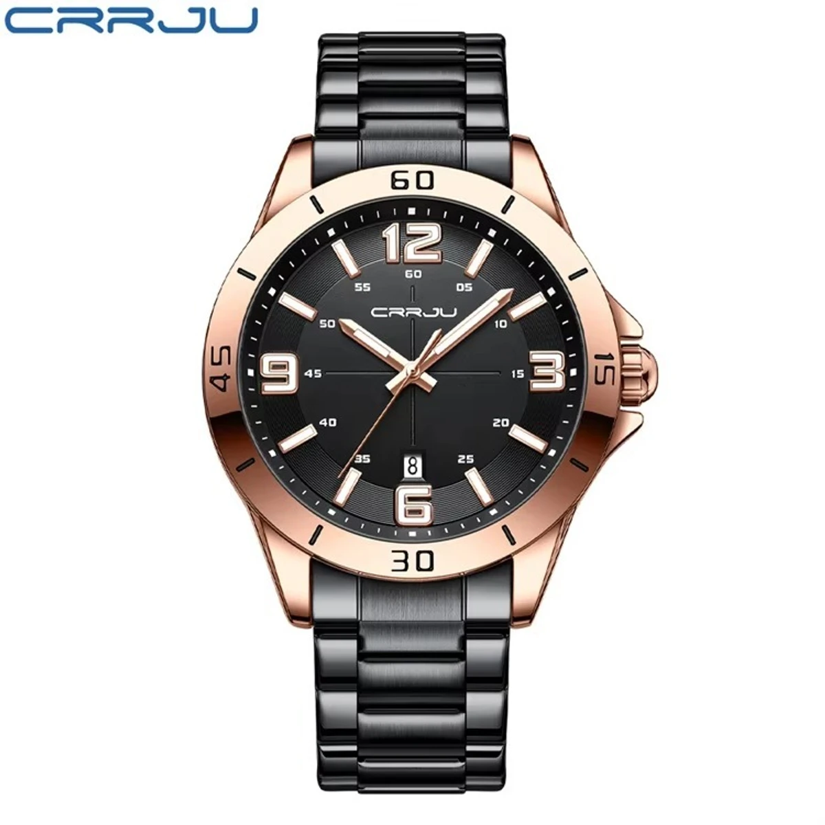 CRRJU MODEL 5003 Man’s Premium Quality Watch Chain Black Round Rose Golden Dial Black Colour Man Watch date shoho + এক পিস ব্যাটারি ফ্রি।