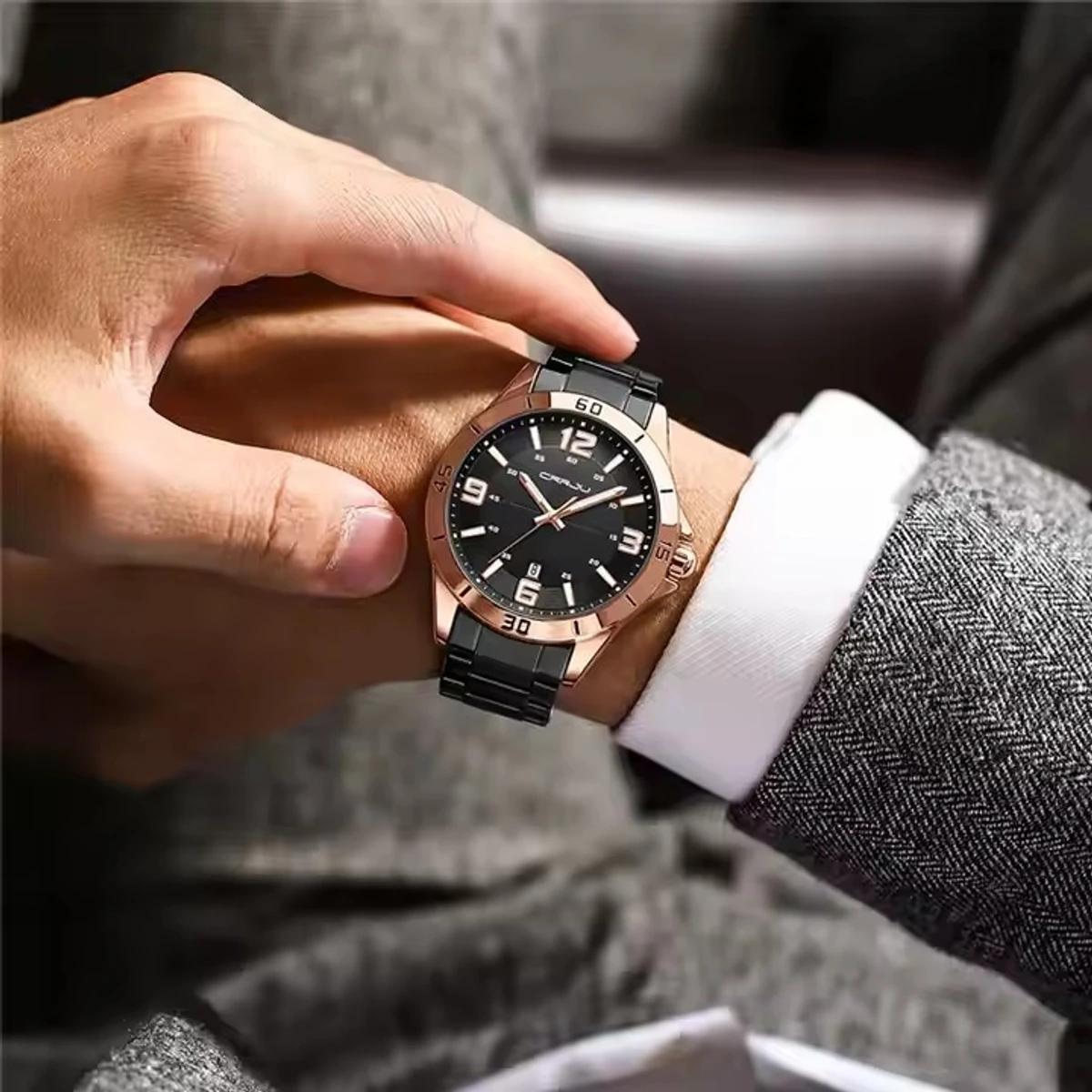 CRRJU MODEL 5003 Man’s Premium Quality Watch Chain Black Round Rose Golden Dial Black Colour Man Watch date shoho + এক পিস ব্যাটারি ফ্রি।